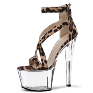 Leopard-print strappy platform sandal with clear heel