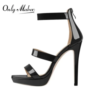 Black patent strappy platform high heel sandal