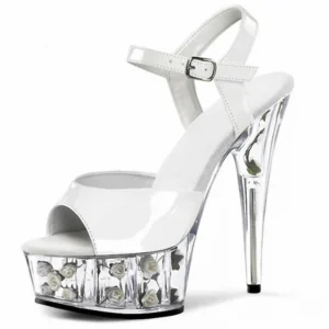 White strappy platform sandal with embedded roses