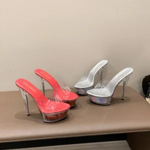 Two pairs of clear-strap platform heels