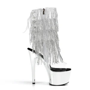 White platform stiletto sandal with rhinestone fringe