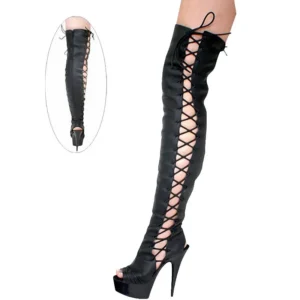 Black lace-up thigh-high stiletto boot
