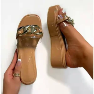Tan platform slide sandals with gold chain