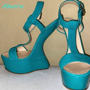 Turquoise platform wedge sandals with ankle straps