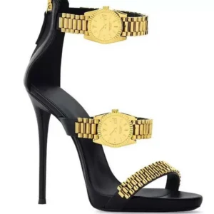 Black stiletto sandal with gold watch straps