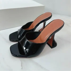 Black patent leather square-toe high-heeled mules