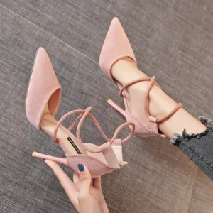 Pink strappy pointed-toe stiletto heels