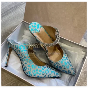 Blue leopard-print rhinestone high-heeled shoes