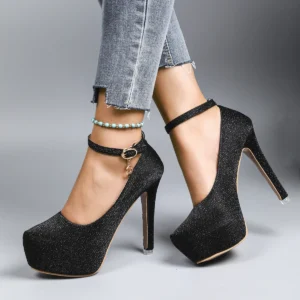 Black glitter ankle strap platform high heels