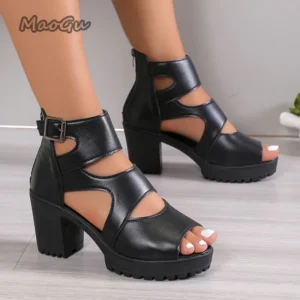 Black open-toe cutout chunky-heel ankle strap sandals