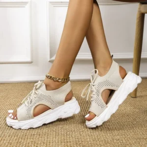 Beige cutout platform sandals with chunky sole