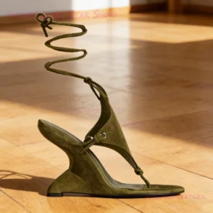 Olive green suede spiral-strap wedge sandal