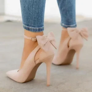 Blush pink bow ankle-strap stiletto heels