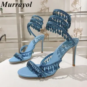 Pair of blue beaded high-heeled sandals