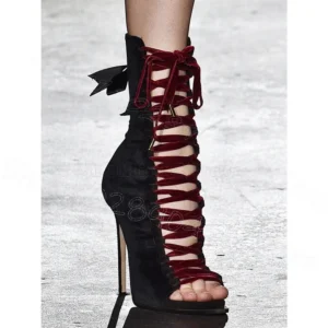 Black open-toe stiletto with burgundy laces