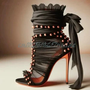 Black beaded high-heeled lace-up stiletto
