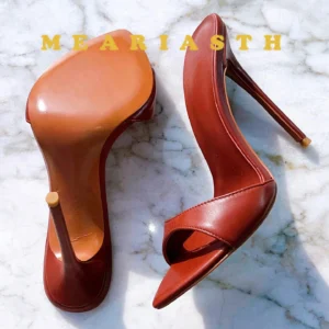 Brown leather high-heeled open-toe mules