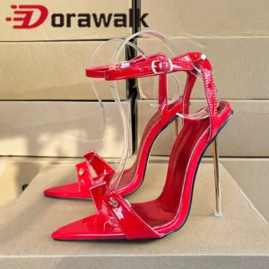 Red patent stiletto heels with ankle straps