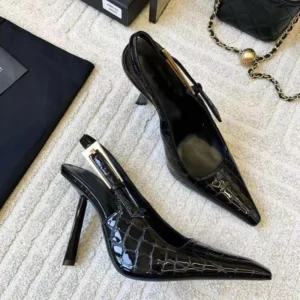 Black patent crocodile slingback stiletto heels