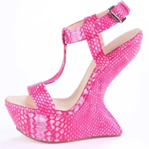 Pink snakeskin platform wedge sandal with ankle strap