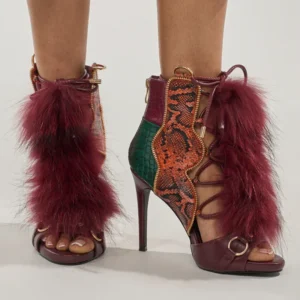 Burgundy fur-trimmed snake-print ankle boots