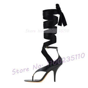 Black strappy high-heeled wrap sandal
