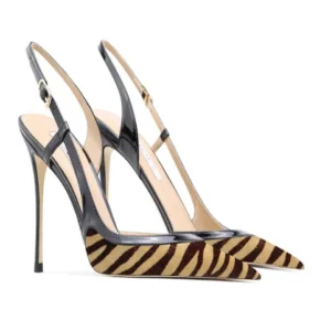 Zebra-print pointed slingback stiletto heels
