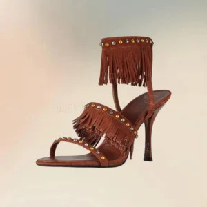Brown suede fringe high-heeled sandal with studs