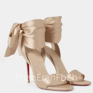 Nude satin ankle-bow high-heeled sandals