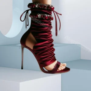 Burgundy satin ruched ankle-wrap stiletto with beads