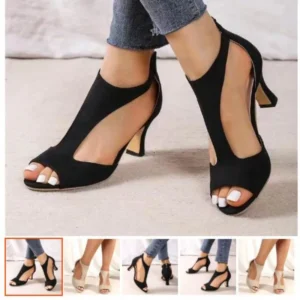 Black T-strap open-toe mid-heel sandals