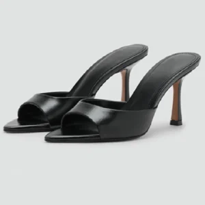 Black leather open-toe stiletto mules
