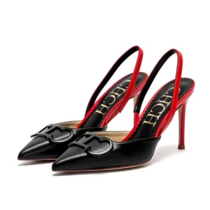 Black pointed-toe slingback heels with red lining