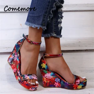 Colorful floral wedge sandals with ankle straps