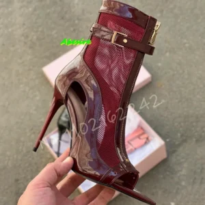 Burgundy patent stiletto ankle boot with zipper
