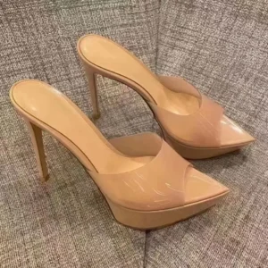 Nude patent platform high heeled mules