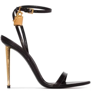 Black stiletto sandal with gold padlock charm