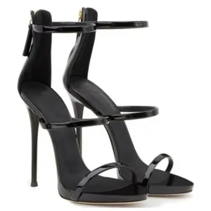 Black patent leather stiletto ankle strap sandals