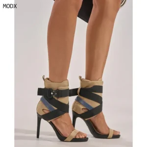 Beige and black strappy high-heeled sandals