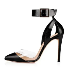 Black pointed stiletto with ankle buckle strap