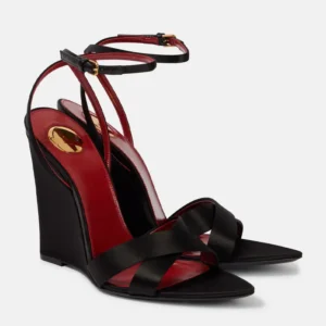 Black wedge sandals with red leather insoles