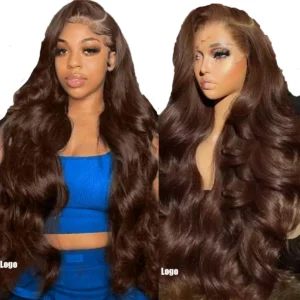 Long wavy brown wigs on model and mannequin