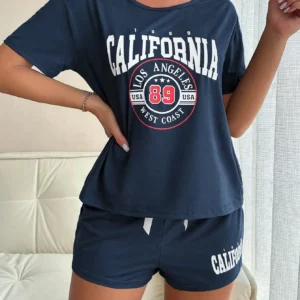 Woman wearing navy California 89 loungewear set