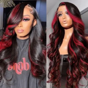 Wavy black hair with red highlights