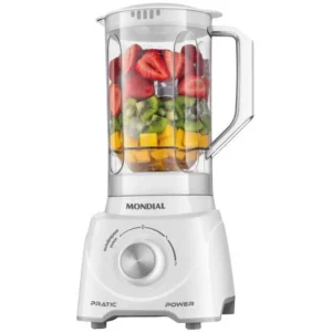 White blender filled with layered fruits