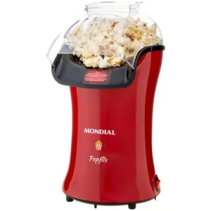 Red electric popcorn maker with popped kernels