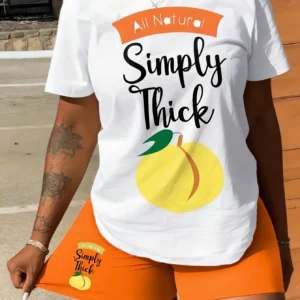 Person wearing Simply Thick peach t-shirt and shorts
