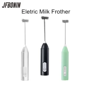 Three electric milk frothers in silver, black, green
