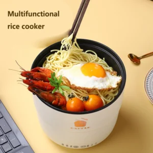 Noodles with fried egg and shrimp in cooker
