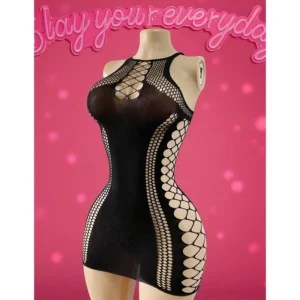 Mannequin wearing black fishnet cutout mini dress